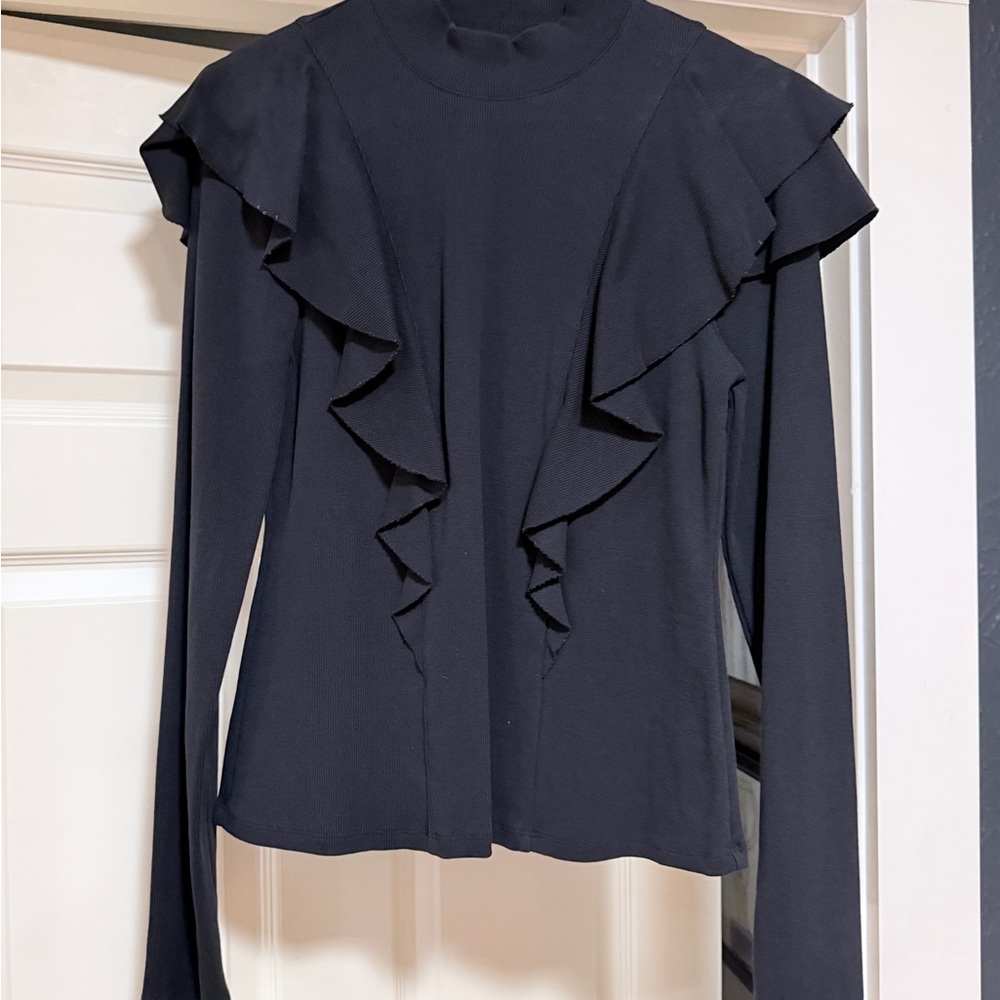 Veronica Beard Black Ruffle Long Sleeve Top